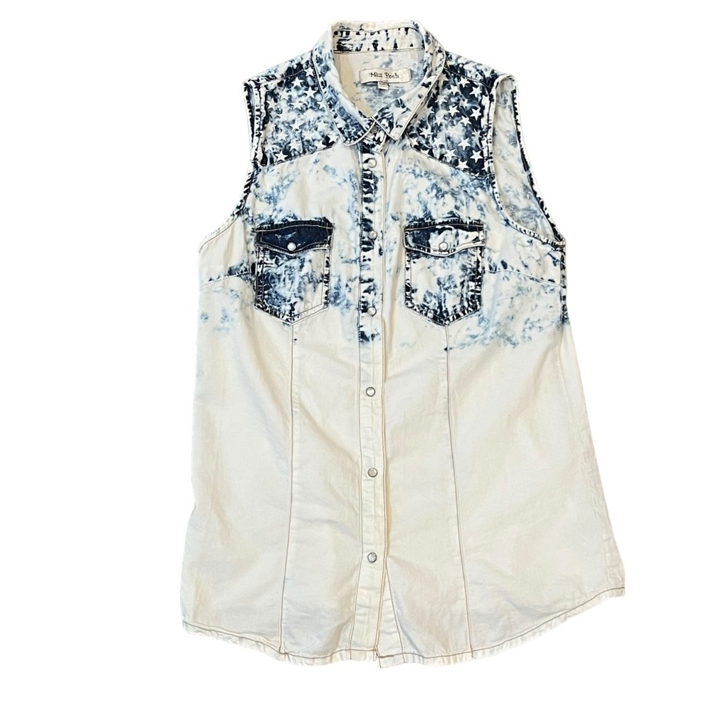 MISS POSH sleeveless button down shirt top blouse Medium blue white stars